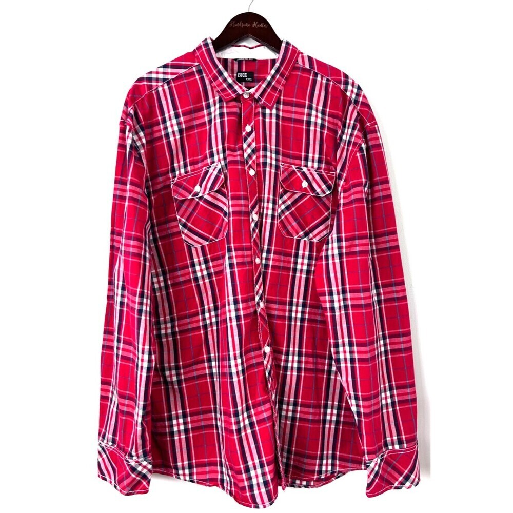BKE Athletic Fit Mens Long Sleeve Button Up Shirt Red‎ Plaid Size XXXL 1311N4